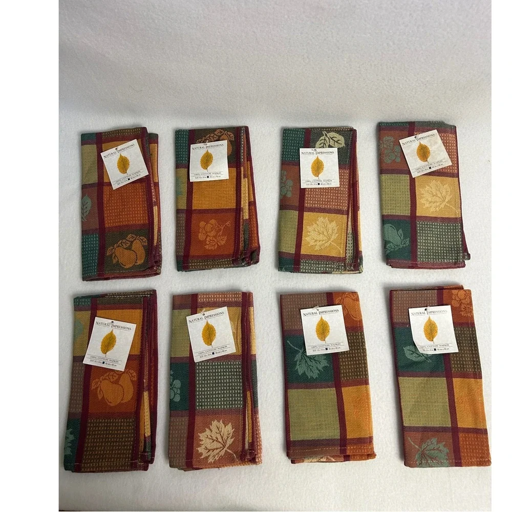 Fall Harvest Natural Impressions Set of 8 19x19 Multicolor Leaf Cotton Napkins